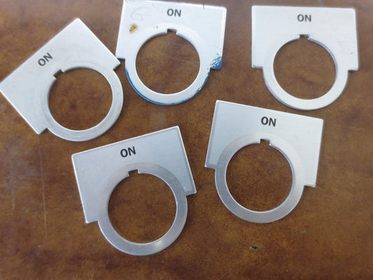 ALUMINUM PUSHBUTTON LEGEND PLATES - LOT of 5 - "ON" - MACHINE CONTROLS0