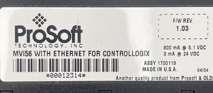 PROSOFT MVI56 WITH ETHRNET FOR CONTROLLOGIX F/W REV 1.03 3mA@24VDC 800mA@5.1VDC2