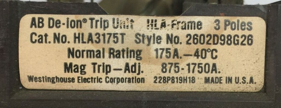 WESTINGHOUSE HLA3175T AB DE-ION TRIP UNIT 175AMP 3POLE MAG TRIP ADJ 875-1750A1