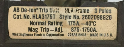WESTINGHOUSE HLA3175T AB DE-ION TRIP UNIT 175AMP 3POLE MAG TRIP ADJ 875-1750A1