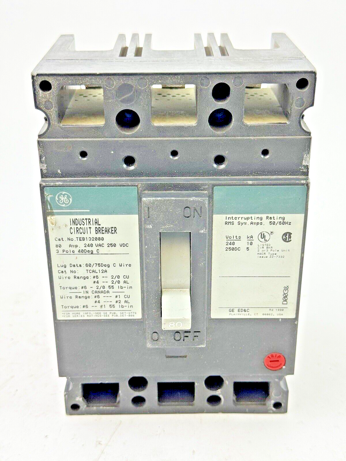 GE - TEB132080 - INDUSTRIAL CIRCUIT BREAKER  - 80 A, 240 VAC, 250 VDC, 3 POLE1