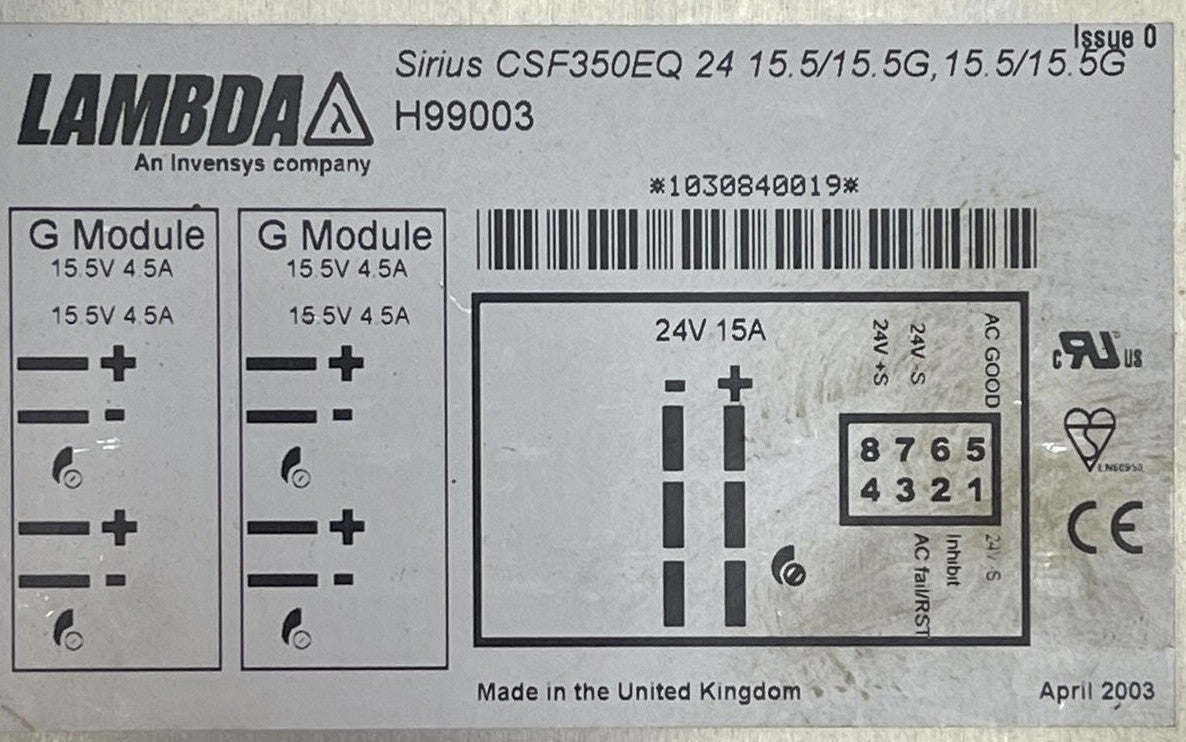 LAMBDA SIRIUS CSF350EQ 24 15.5/15.5G, 15.5/15.5G H99003 POWERWARE GmbH L-SYS-NR.1