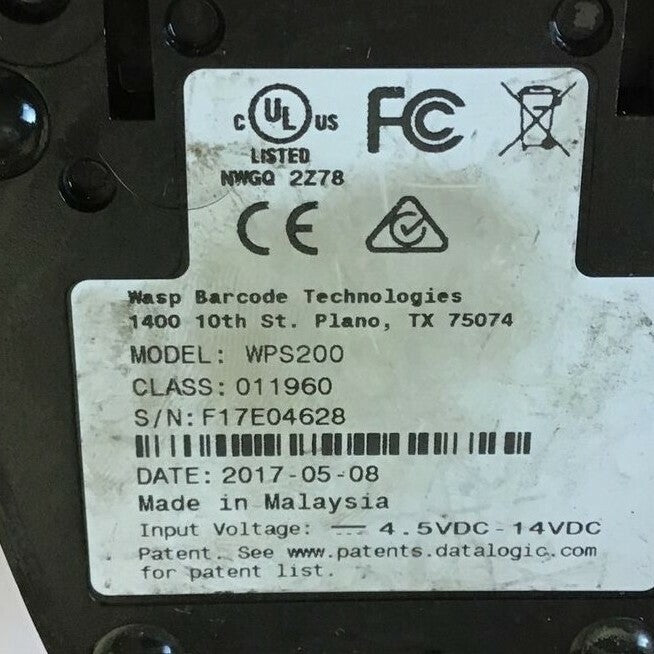 WASP WPS200 BARCODE READER CLASS 011960 4.5-14VDC USB8