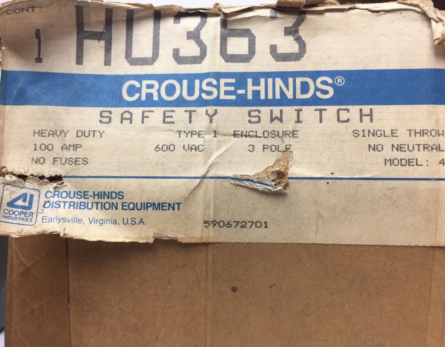 CROUSE-HINDS HU363 SAFETY SWITCH HEAVY DUTY 100A 600VAC 3 POLE TYPE 1 ENCLOSURE0