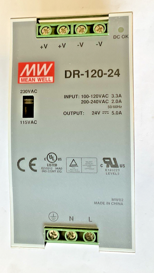 MEAN WELL DR-120-24 POWER SUPPLY 120/240VAC 24VDC 5.0A0