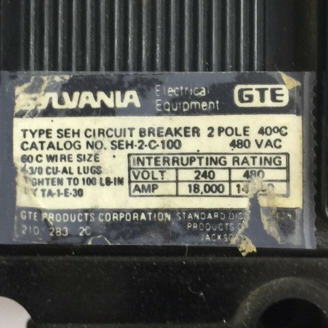 SYLVANIA SEH-2-C-100 CIRCUIT BREAKER 100AMP 480VAC 2POLE SEH2C1001