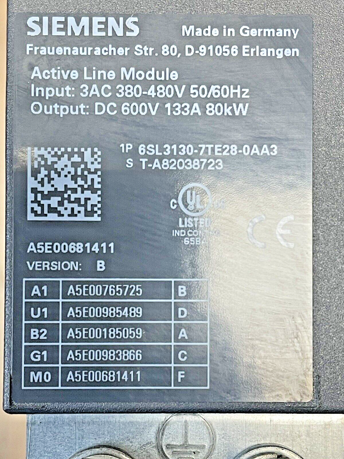 SIEMENS - 6SL3130-7TE28-0AA3 VER. B - ACTIVE LINE MODULE OUTPUT 600VDC 133A 80kW1