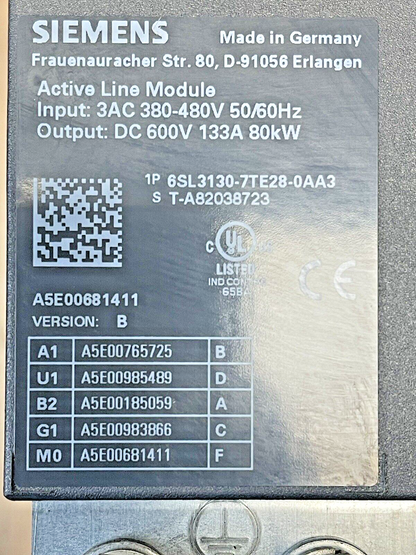 SIEMENS - 6SL3130-7TE28-0AA3 VER. B - ACTIVE LINE MODULE OUTPUT 600VDC 133A 80kW1