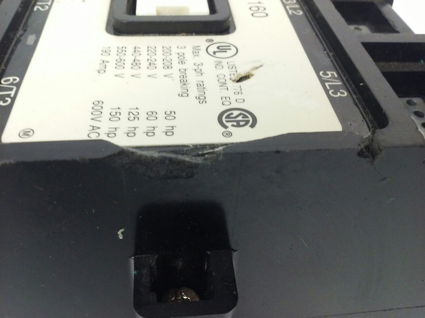 ABB EH160 CONTACTOR, 3PH, 3P BREAKING, 600V, 50-150H.P., 190A, CHIP PLASTIC6