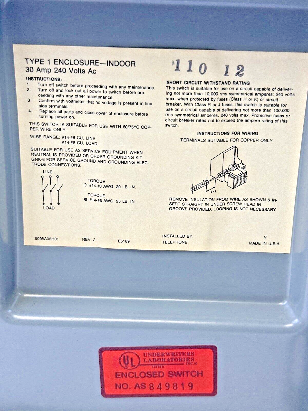 CHALLENGER - GD321NFC - SAFETY SWITCH - 30A/ 240VAC/ 3 POLE/ TYPE 18