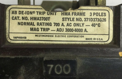 WESTINGHOUSE HMA3700T TRIP UNIT 700AMP 3POLE MAG TRIP ADJ 3000-6000A 371D373G261