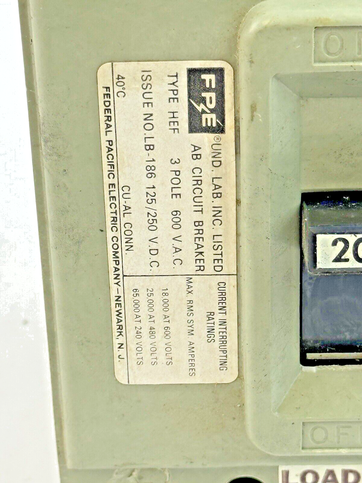 FPE - HEF631020 - CIRCUIT BREAKER - 3 POLE/240VAC/30A, LB-186 - NEW7