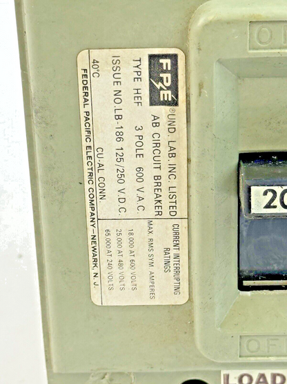 FPE - HEF631020 - CIRCUIT BREAKER - 3 POLE/240VAC/30A, LB-186 - NEW7