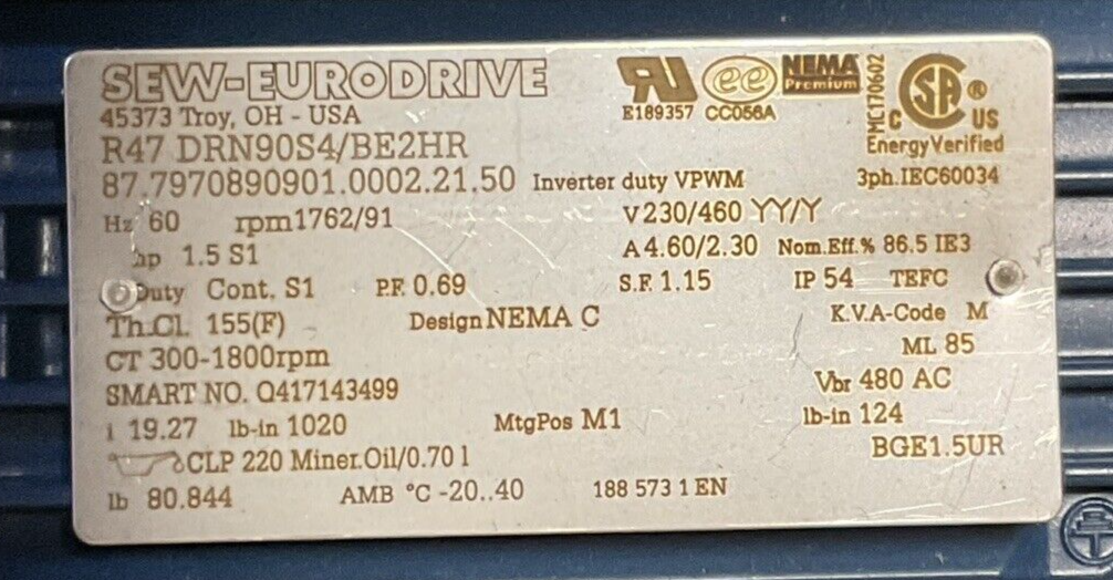 SEW-EURODRIVE R47 DRN90S4/BE2HR GEAR MOTOR HZ 60 rpm 1762/91 V230/460 YY/Y1