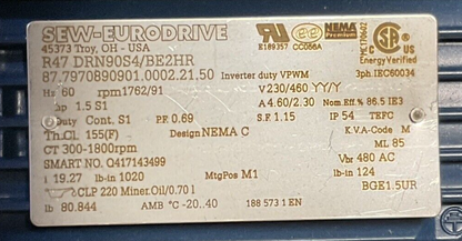 SEW-EURODRIVE R47 DRN90S4/BE2HR GEAR MOTOR HZ 60 rpm 1762/91 V230/460 YY/Y1