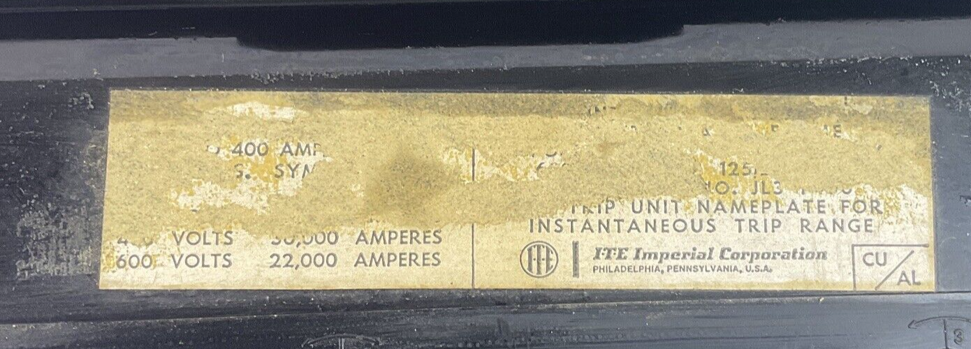 ITE JL3-F400 CIRCUIT BREAKER FRAME 200A 600VAC 125/250VDC 3POLE1