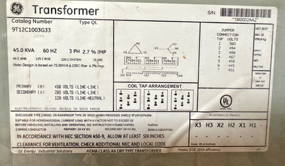 GE 9T12C1003G33 TRANSFORMER 45KVA 60HZ 3PH TYPE QL 480V1