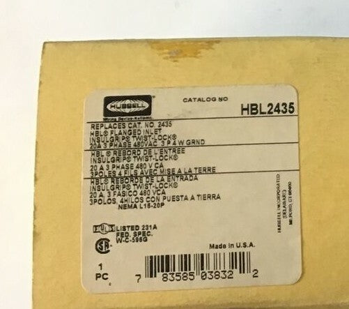 HUBBELL HBL2435 FLANGED INLET TWIST-LOCK 20 3PHASE 480VAC 3POLE 1