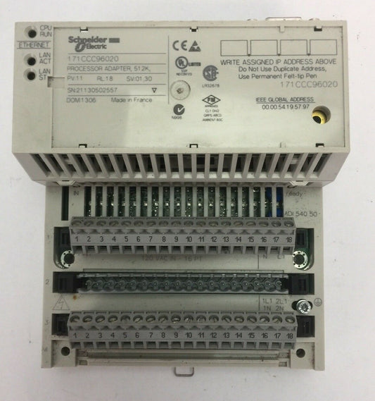 SCHNEIDER 171CCC96020 PROCESSOR ADAPTOR 512K 170ADI54050 INPUT BASE 115VAC 16PT0