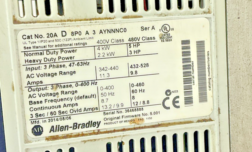 ALLEN BRADLEY 20AD8P0A3AYNNNC0 AC DRIVE POWER FLEX 70 SER A FW 5.001 5HP 9.8A6