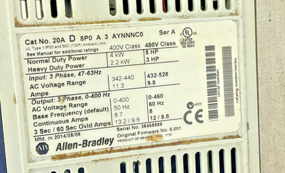 ALLEN BRADLEY 20AD8P0A3AYNNNC0 AC DRIVE POWER FLEX 70 SER A FW 5.001 5HP 9.8A6