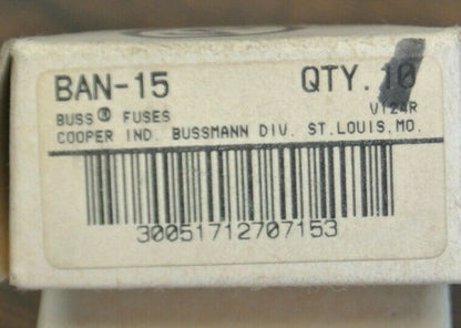 BOX of 5 / BUSS BAN-15 MIDGET FUSE / 15A / 250V / NEW SURPLUS / BAN152