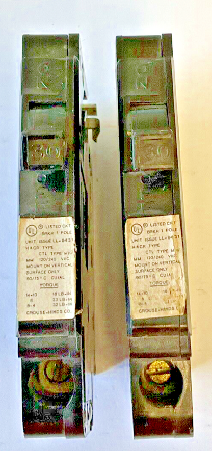 CROUSE-HINDS MH130-R CIRCUIT BREAKER 1POLE MH/MM 120/240VAC***LOTOF2***0