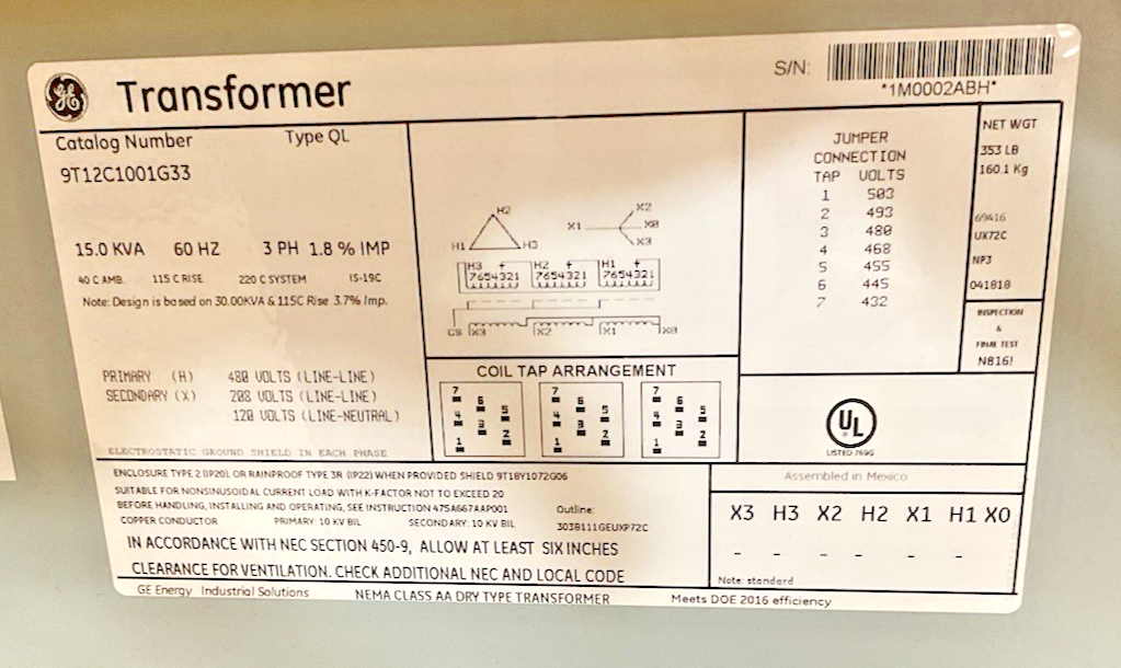 GENERAL ELECTRIC 9T12C1001G33 TRANSFORMER 480V 15KVA 60HZ 3PH TYPE QL1