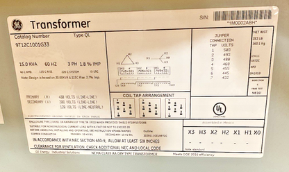 GENERAL ELECTRIC 9T12C1001G33 TRANSFORMER 480V 15KVA 60HZ 3PH TYPE QL1