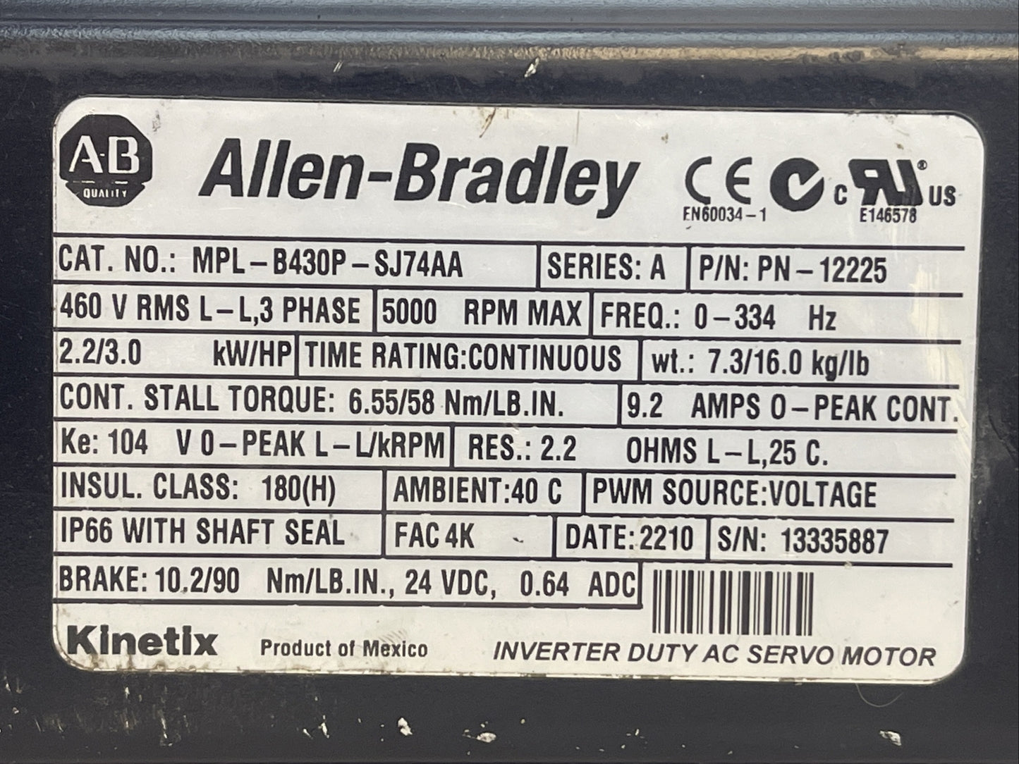ALLEN BRADLEY MPL-B430P-SJ72AA SERVO MOTOR SER A 5000RPM 2.2/3.0 kW/HP 9.2AMP1