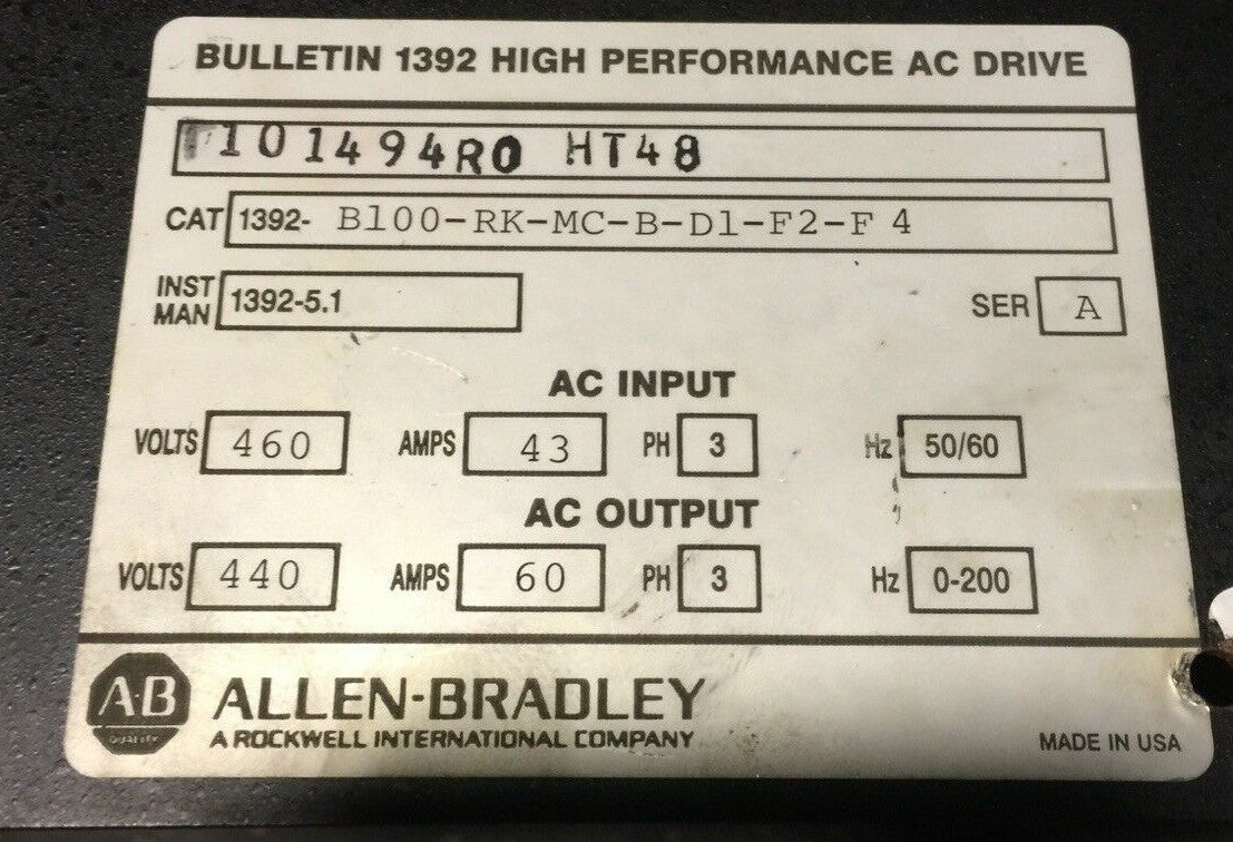 ALLEN BRADLEY 1392-B100-RK-MC-B-D1-F2-F4 AC DRIVE OUTPUT 440VAC 60A 3PH INPUT1