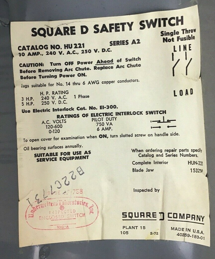 SQUARE D H-221 SAFETY SWITCH SER.A2 30A 240VAC/250VDC 5HP 8