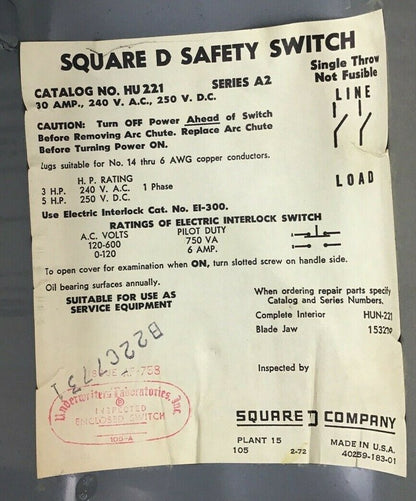 SQUARE D H-221 SAFETY SWITCH SER.A2 30A 240VAC/250VDC 5HP 8