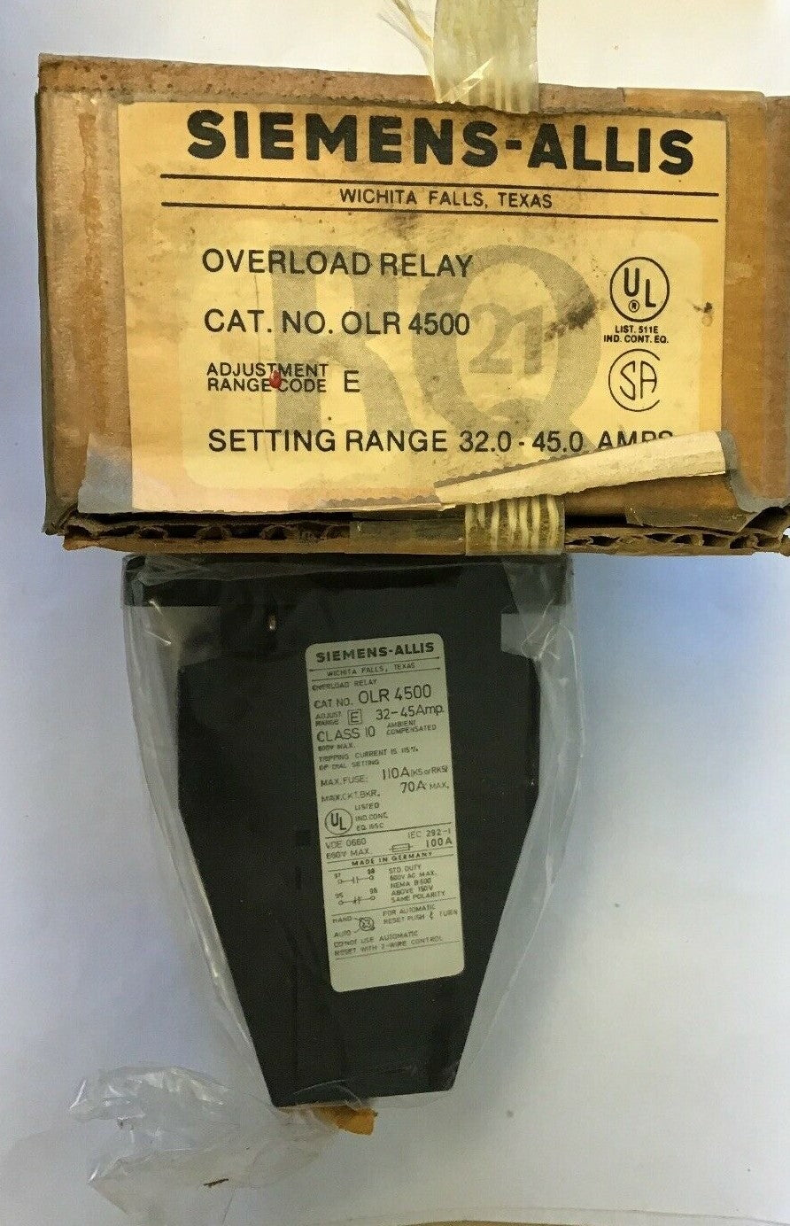 SIEMENS-ALLIS OLR 4500 OVERLOAD RELAY RANGE CODE E RANGE 32.0-45.0AMPS0