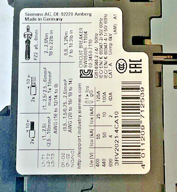 SIEMENS 3RV2021-4CA10 MOTOR CONTROL 16-22A5