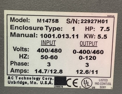 AC TECH MC SERIES M1475B INTELLIGENT DRIVE OUTPUT 0-400/460V 3PH 12.6/11A 7.5HP1