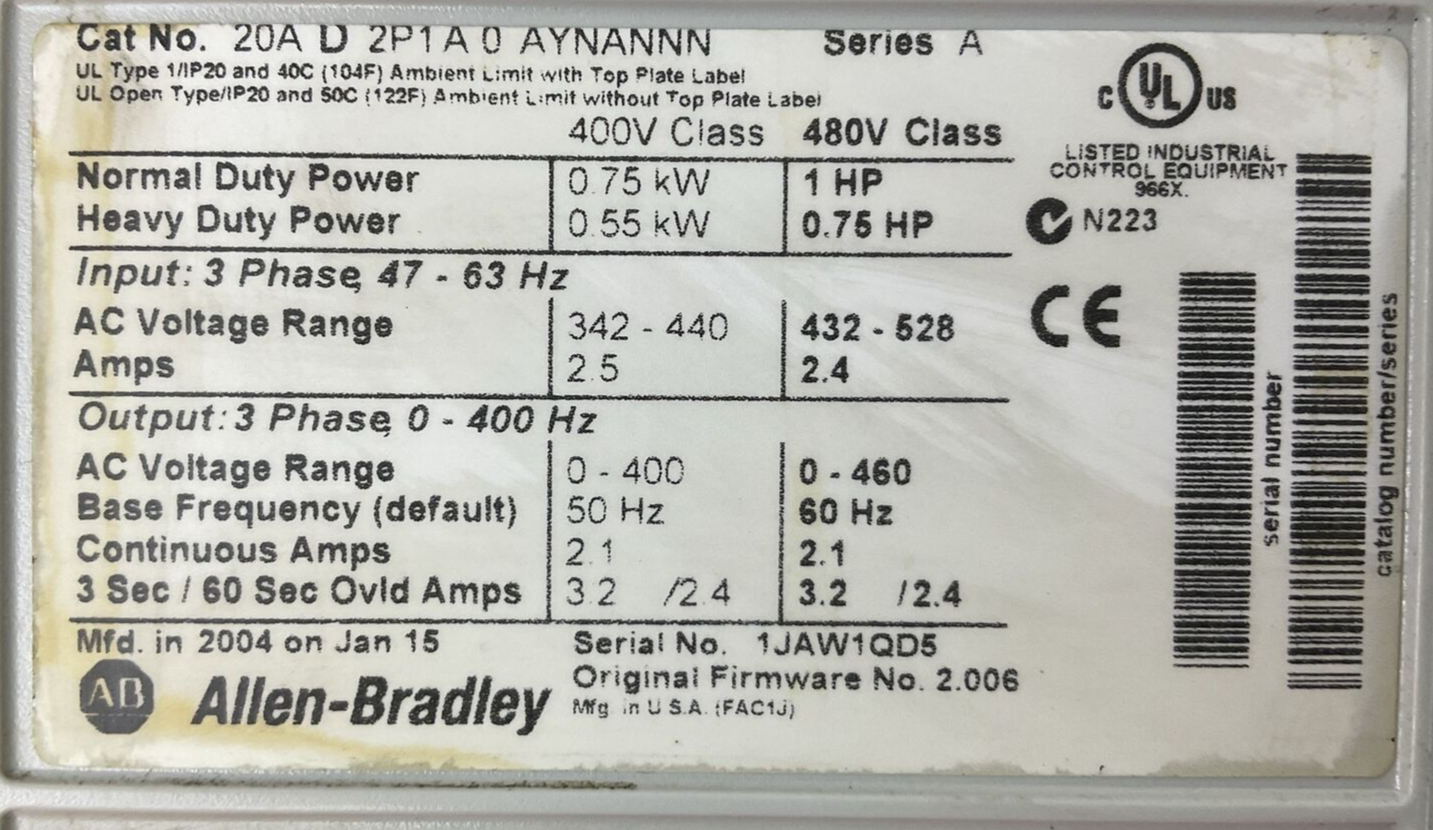 ALLEN BRADLEY 20AD2P1A0AYNANNN SER A FW 2.006 AC DRIVE 20-HIM-A3 SER C FW V6.0011