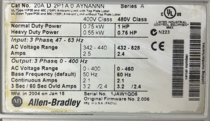 ALLEN BRADLEY 20AD2P1A0AYNANNN SER A FW 2.006 AC DRIVE 20-HIM-A3 SER C FW V6.0011