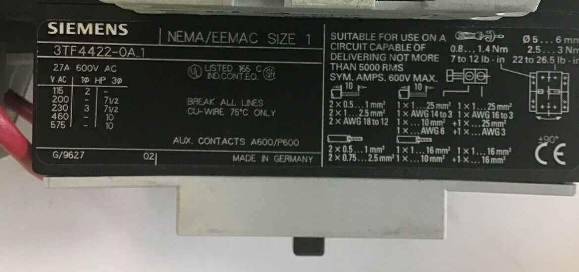 SIEMENS 3TF4422-0A..1 CONT.W/AUX CONTACT 3TY756-1A&3TY75611B W 3UA5500-1J RELAY 6