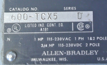 ALLEN-BRADLEY 600-TCX5 MANUAL STARTING SWITCH1