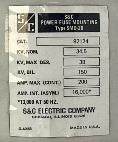 S&C 92124 POWER FUSE TYPE SMD-20 OUTDOOR KV NOM. 34.5 KV MAX 38 KV BIL 150 200E1