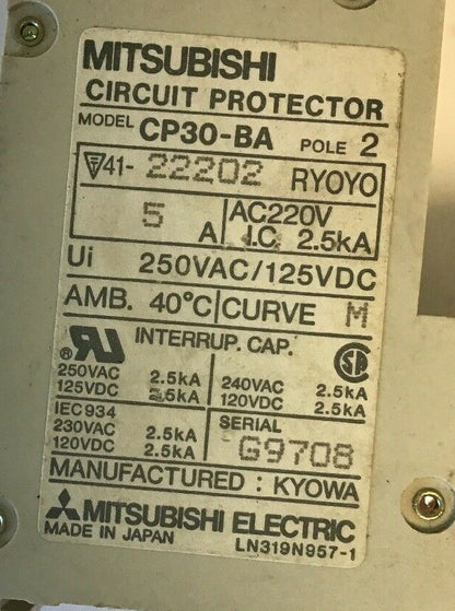 MITUBISHI CP30-BA 5AMP CIRCUIT PROTECTOR 2POLE 250VAC/125VDC 2