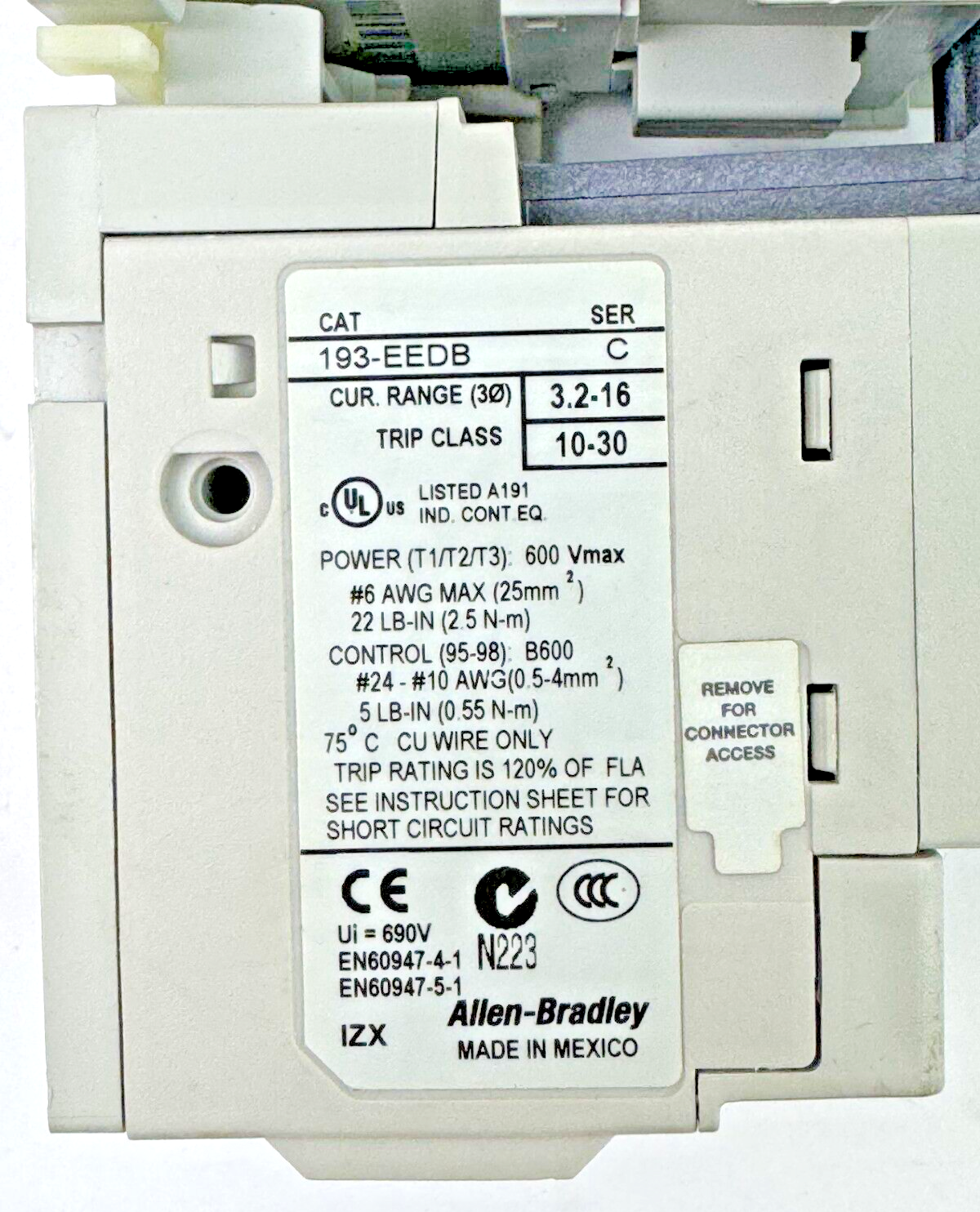 ALLEN BRADLEY - 300-AOE*930 SER. C & 193-EEDB SER. C - 600VAC 18A 3PH COIL 24VDC2