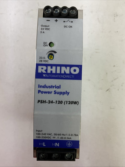 RHINO PSH-24-120(120W) INDUSTRIAL POWER SUPPLY OUTPUT 24VDC 5A INPUT 100-240VAC0