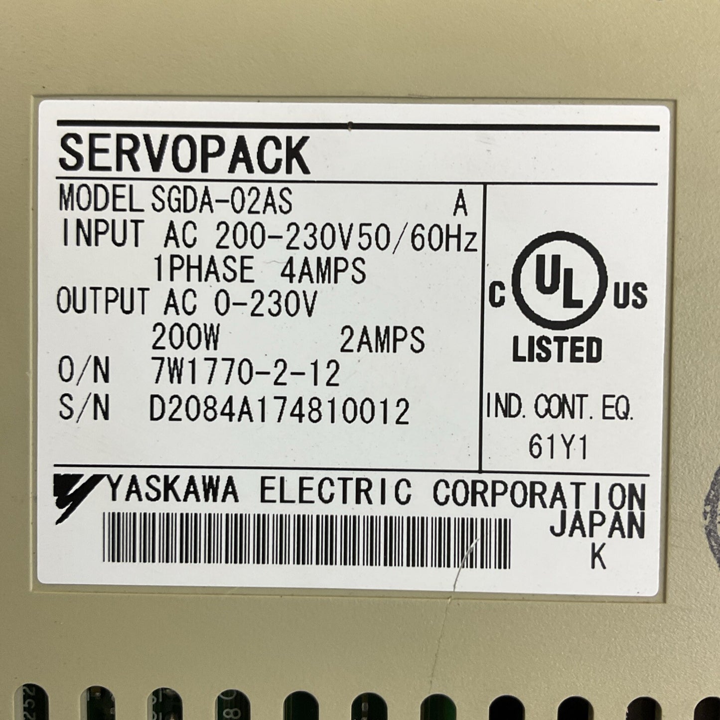 YASKAWA SGDA-02AS SERVOPACK 230VAC SERVO DRIVE1