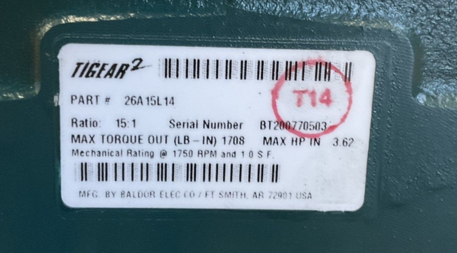 DODGE 26A15L14 TIGEAR-2 REDUCER RATIO 15:1 3.62HP 1750RPM1