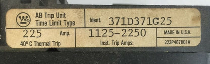 WESTINGHOUSE 371D371G25 AB TRIP UNIT 225AMP 3POLE INST TRIP 1125-2250A1
