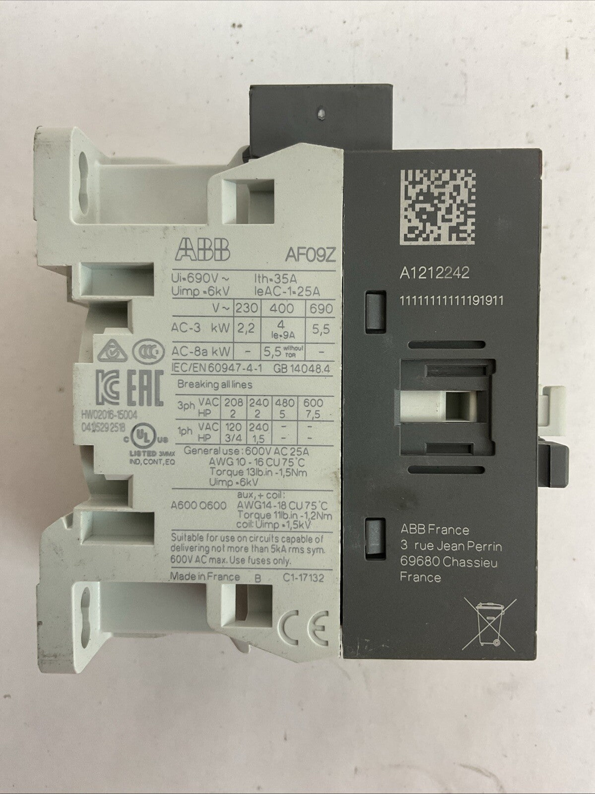 ABB AF09Z-30-01-21 CONTACTOR 600VAC 25A 3PH 7.5HP 24-60V 50/60HZ 20-60VDC1