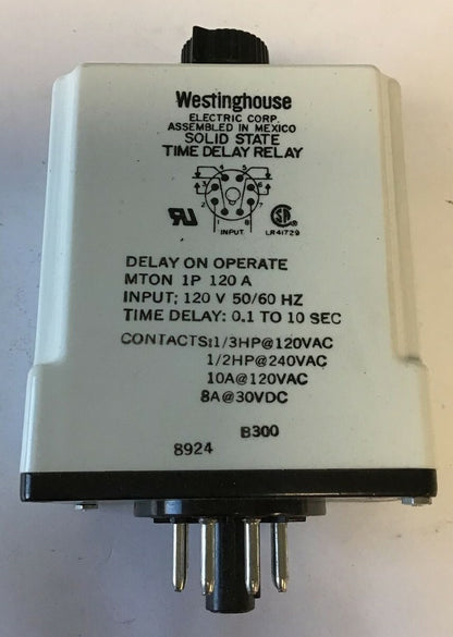 WESTINGHOUSE SOLID STATE TIME DELAY RELAY MTON1P120A 120V 50/60HZ 0.1 TO 10SEC0