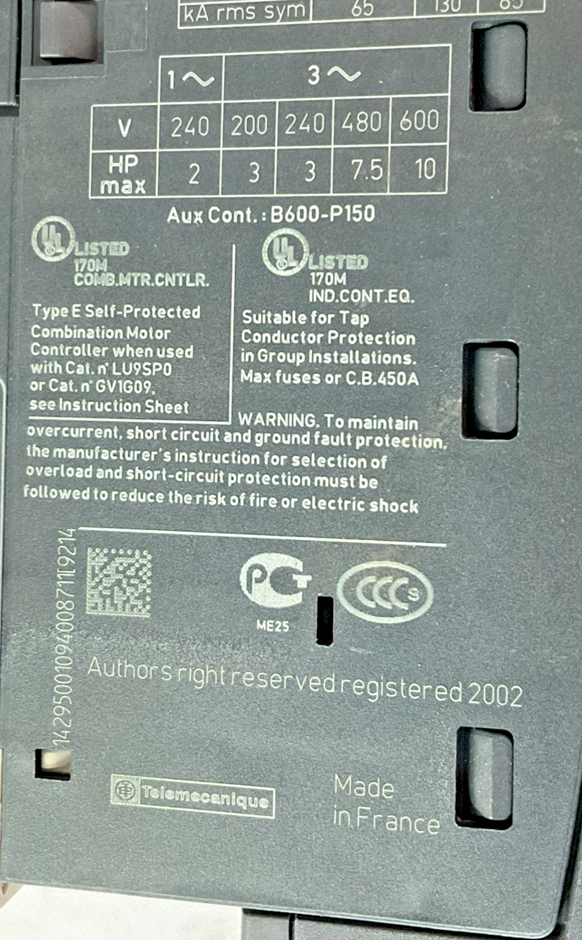 SCHNEIDER ELECTRIC LUCA05FU MANUAL MOTOR STARTER 240V CLASS105